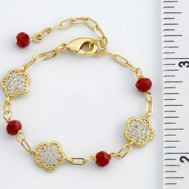 Little Miss Twin Stars - Wholesale Bedelarmbandje - Klassiek! Paperclip ketting Cz bloemen & rode kralenarmband1