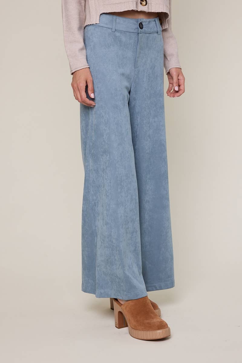 Sky to Moon - Vente Pantalon – femme - PANTALON ÉVASÉ LONG UNI EN DAIM À TAILLE MI-HAUTE1