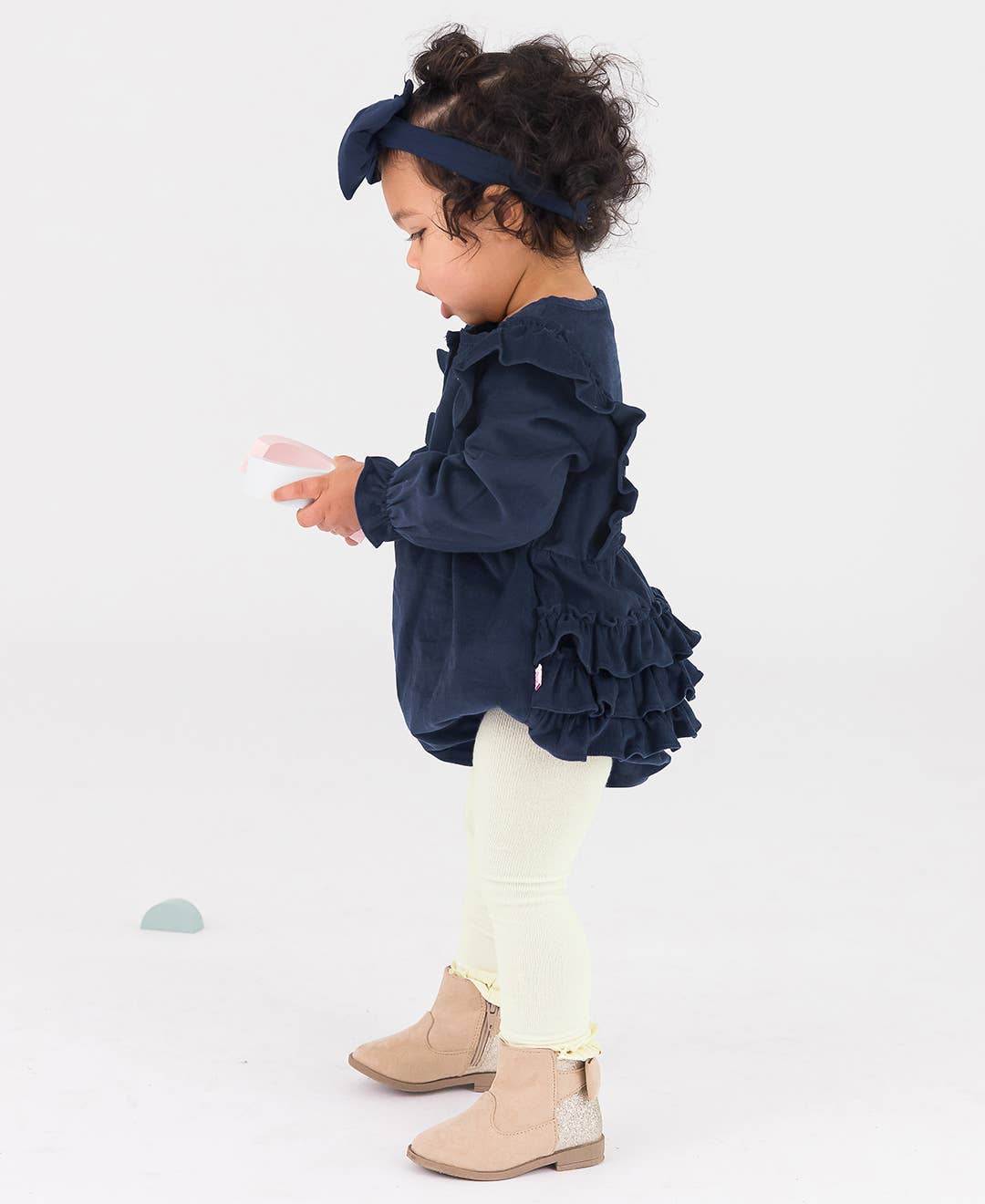Blue Baby Girls Dark Navy Stretch Corduroy Waterfall Bubble Romper for wholesale on Faire8
