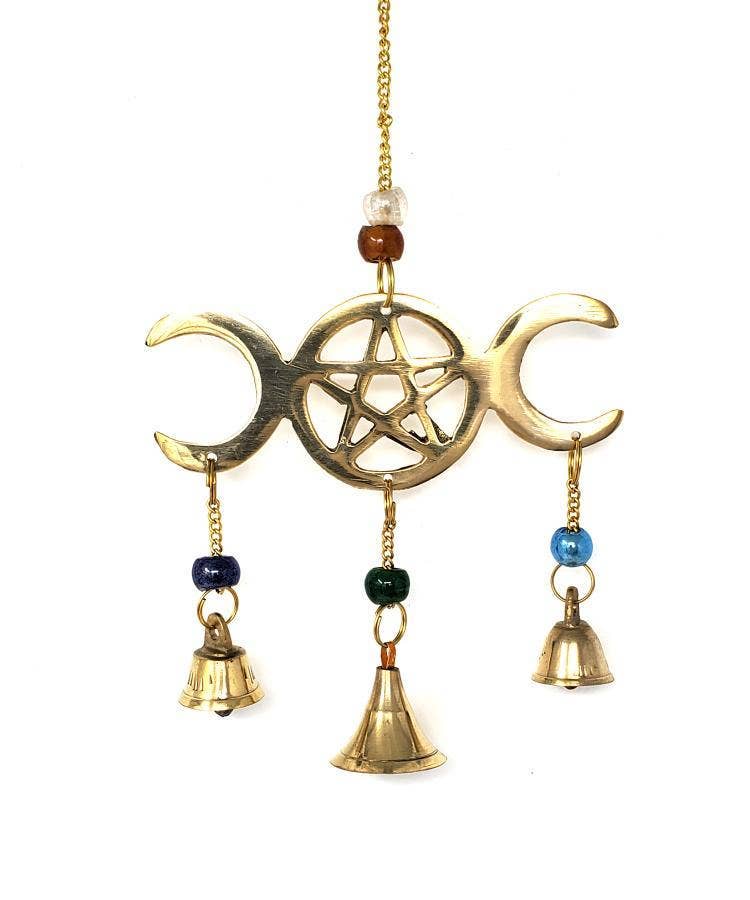 GREENROOTS USA LLC - Wholesale Wind Chime - Triple Moon Pentagram Wind Chime Brass With Beads 9"L0