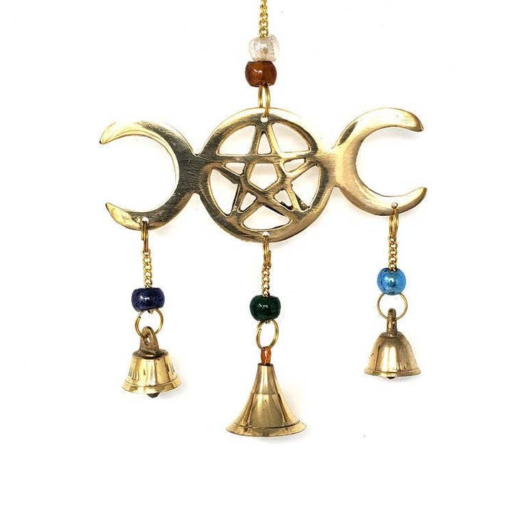 Triple Moon Pentagram Wind Chime Brass With Beads 9"L for wholesale by GREENROOTS USA LLC