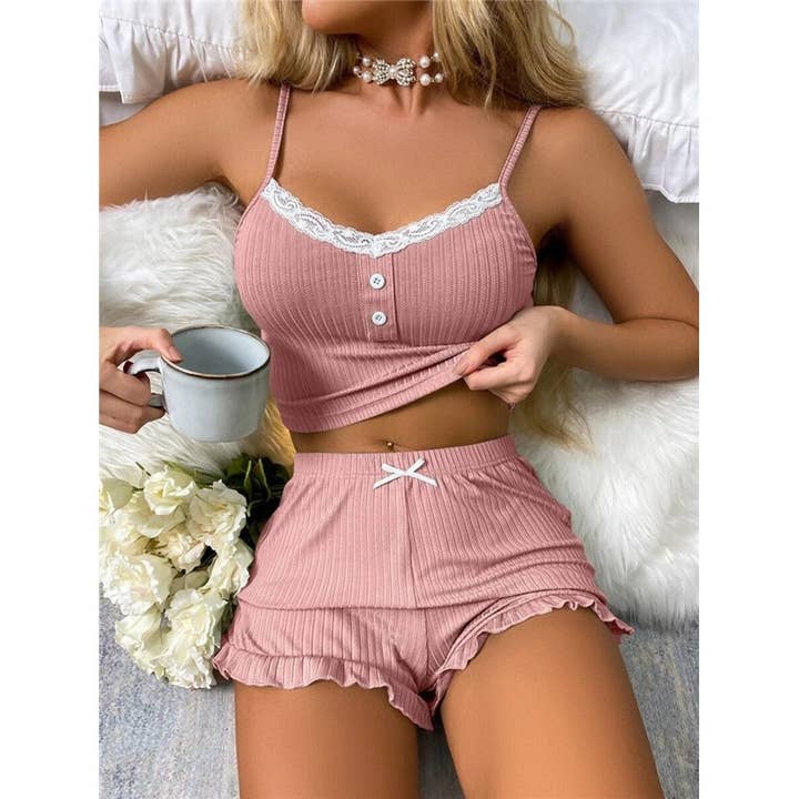 Basis Fancy - Wholesale Sleepwear Set - Women's - Women Casual Solid Color Lace Stitching Pajamas Two-Piece Set1