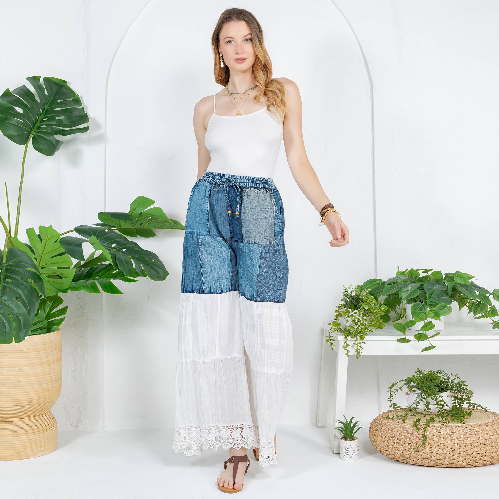 Young Threads - Vendita all'ingrosso Pantalone - Donna - Pantaloni lunghi in denim ispirati al boho con toppa solida (nuovo colore)8
