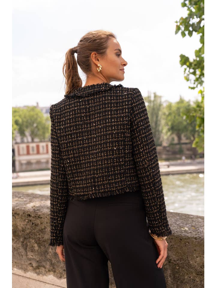 Attentif Paris - Wholesale Blazer – Women's - Cropped crew neck fitted tweed blazer jacket5