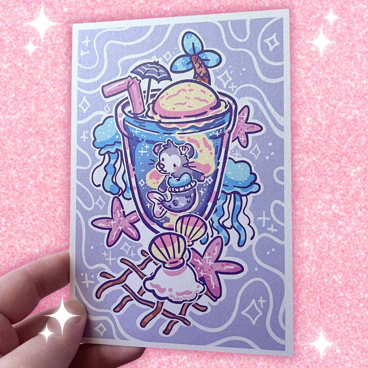 Beach Sea Drink Opossum ~ Shimmer Print for wholesale by Woolblossom