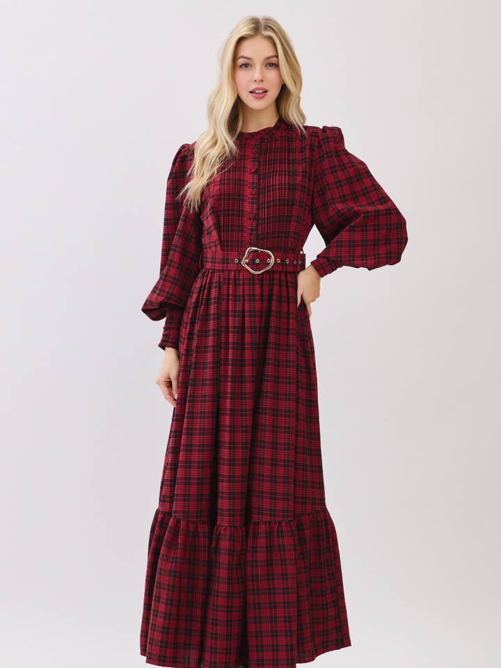 Plaid Long Bubble Sleeve Button down Maxi Dress HD2937-RED for wholesale by B I G H I T Fashion