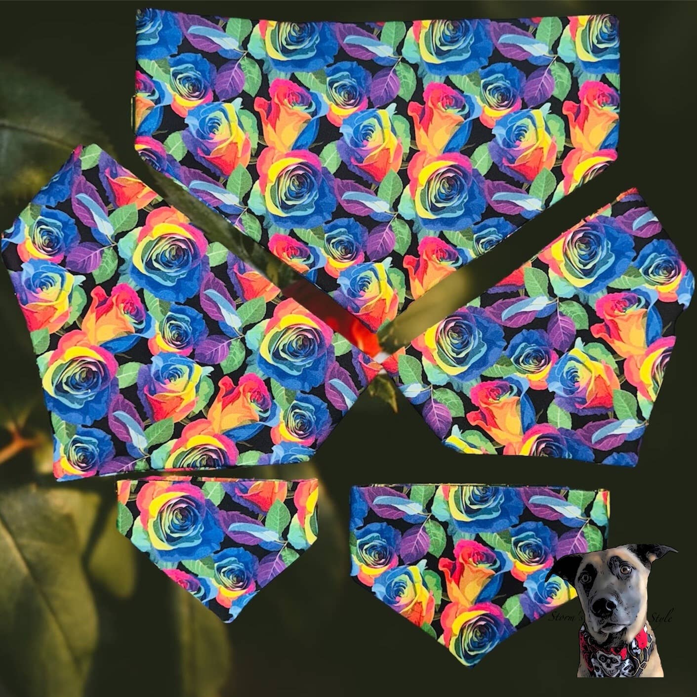 Storms Style – wholesale Pet bandana – Dog – Rainbow Roses Pet Bandanas - Dog Cat2