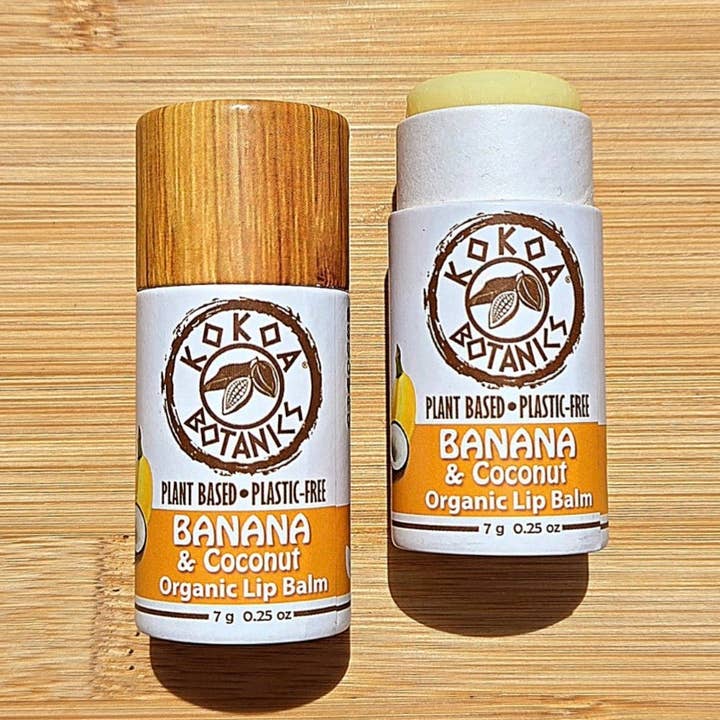BAUME À LÈVRES BIO À LA BANANE ET AU BEURRE DE CACAO - Sans plastique 7 g pour la vente par Kokoa Botanics