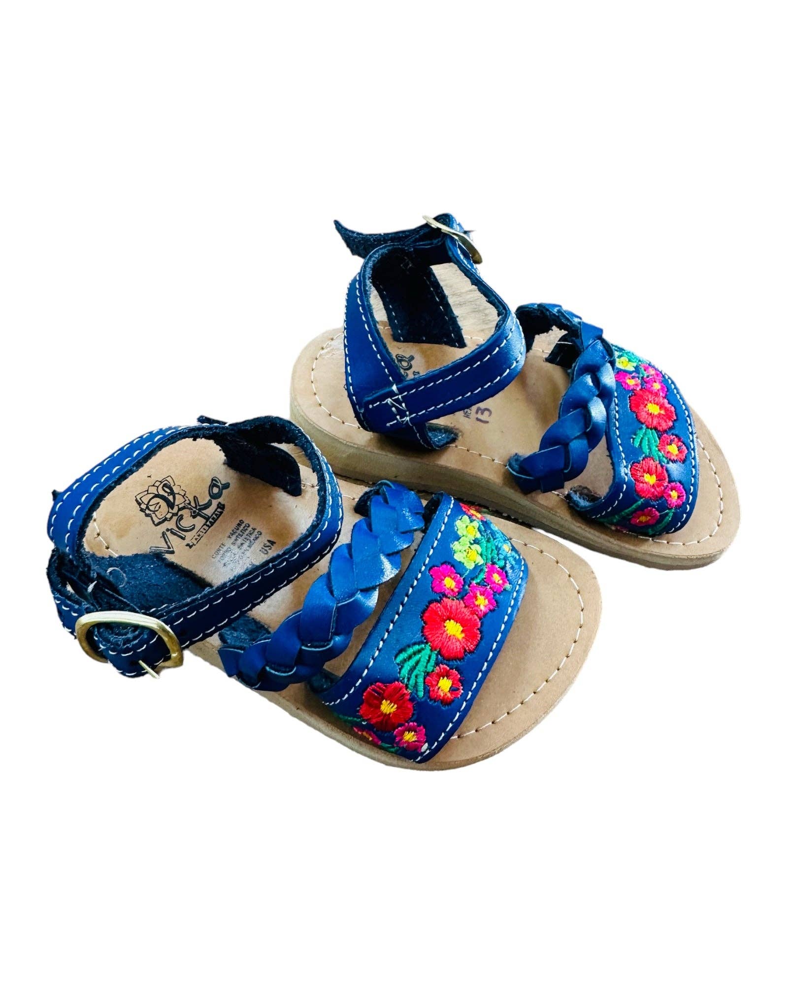 Cielito Lindo - Wholesale Sandals - Kids - Mexican Girl Royal Blue Flower Leather Sandals2
