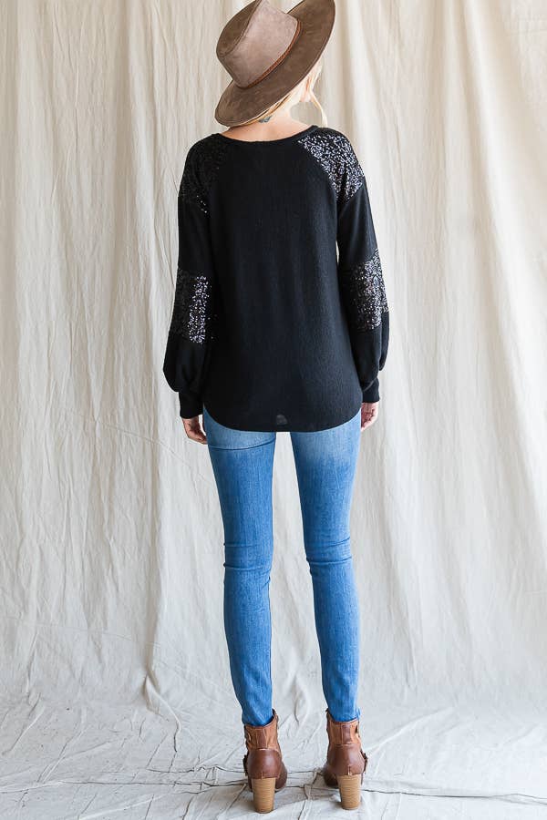 7th Ray - Wholesale Knit Top - Women's - Women's Casual Brush Knit Top with Sequin Contrast T439922