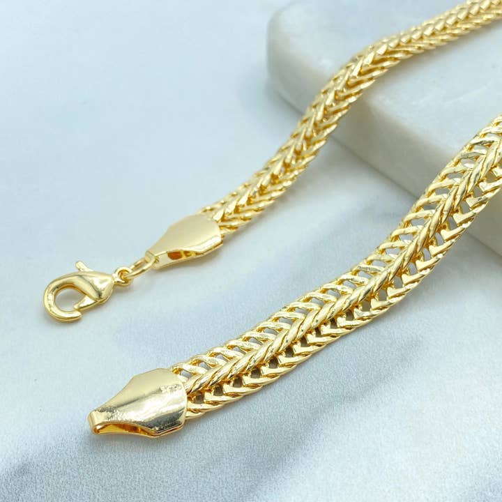 Luxus Accessories - Wholesale Jewelry Set - 18k Gold Filled Herringbone Chain Jewelry Set, Necklace Bracelet and Earrings, Flat Polished Gold Design7