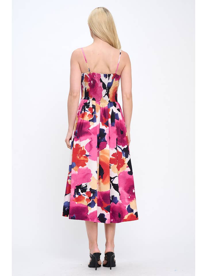 Rose/corail Robe mi-longue à imprimé floral fabriquée aux États-Unis avec détail smocké au dos en vente sur Faire3