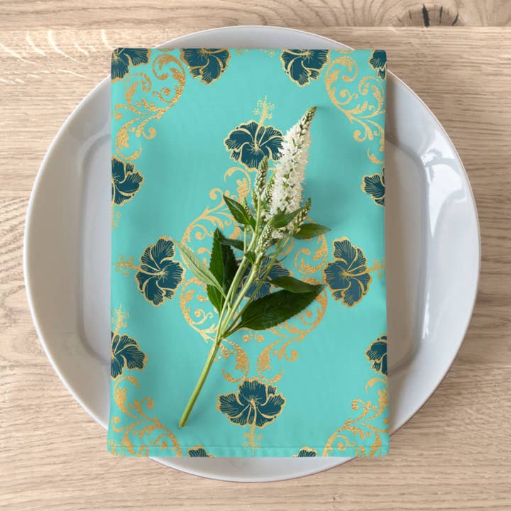 Aqua 4-Piece Cloth Napkins - Teal Hibiscus & Gold Damask for wholesale by Prestige Plume