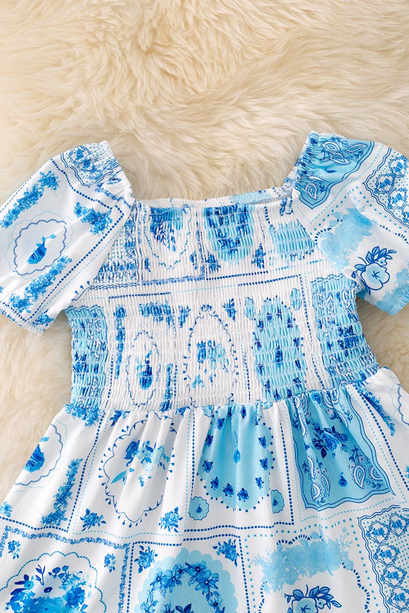 Kids Charm Online - Wholesale Dress - Kids - Blue accent/ multi printed patch dress with ruffle hem. DRG43466 N1