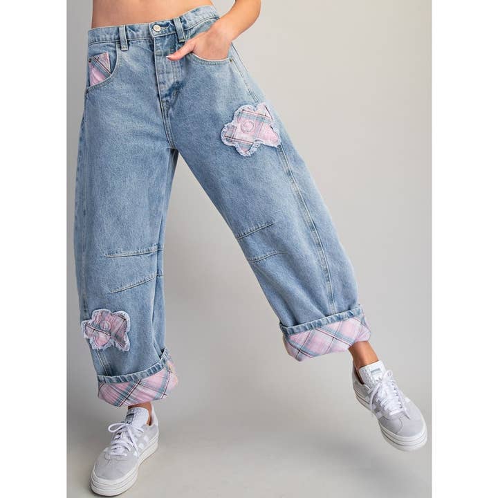 Jeans à carreaux contrastés avec empiècements floraux 15048 pour la vente par Coloring You