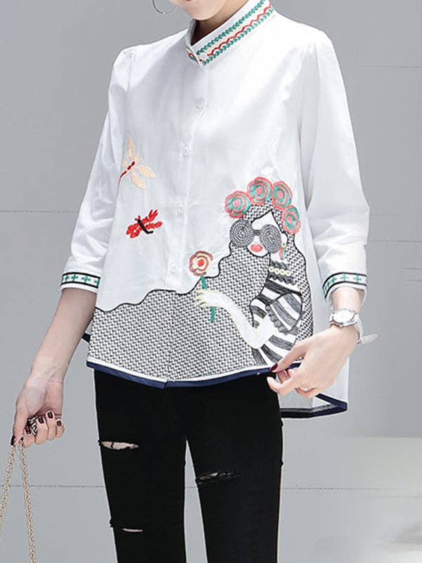 BIANCO Camicette e camicie larghe con colletto alla coreana con figura ricamata plus size in vendita all'ingrosso su Faire