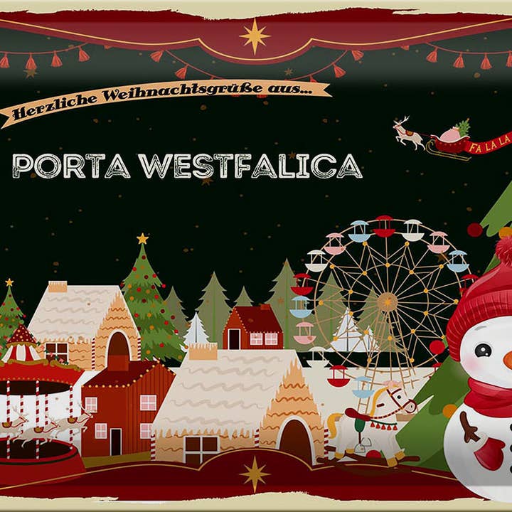 Christmas greetings from PORTA WESTFALICA tin sign 30x20cm for wholesale by Femer