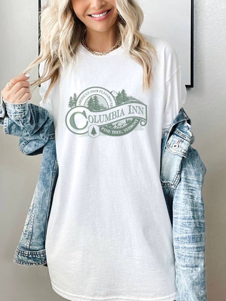 Retro Pine Tree Vermont Columbia Inn White Christmas T-Shirt for wholesale by SONDO DESIGN LTD
