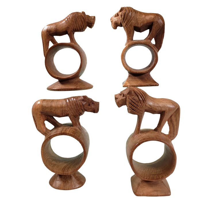Ronds de serviette sculptés à la main en bois - Ensemble de 4 #2 pour la vente par Stoneage Arts Inc