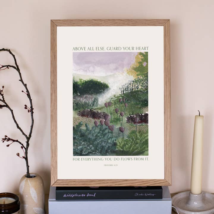 'Guard Your Heart' A4 Christian Proverb Wall Print for wholesale by The Hidden Pearl Studio