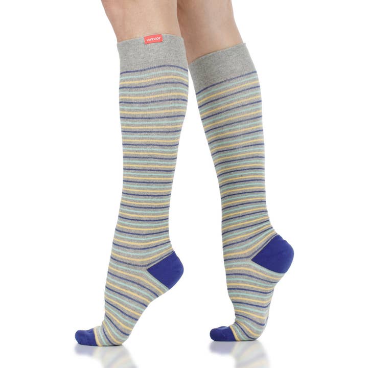 VIM & VIGR - 20-30 mmHg Cotton Compression Socks: Pinstripe: Grey, Blue & Yellow for wholesale by Green Ash Decor