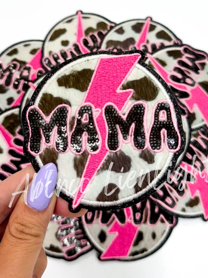 mama fuzzy cow print pink bolt patch iron on for wholesale by ABLNco