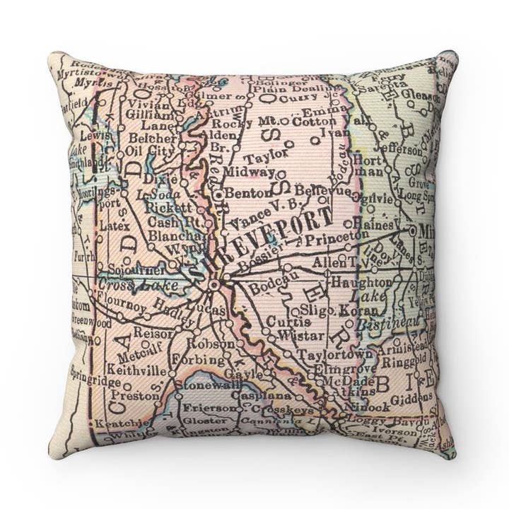 Shreveport Louisiana Map Pillow – 18" Square Throw Pillow for wholesale by Daisy Mae Designs