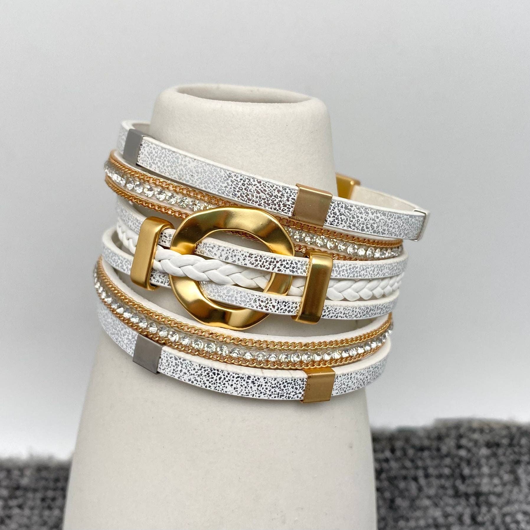 Mio Queena - Wholesale Bangle Bracelet - LB - Circle Charm Multi-Layer Rhinestone & Leather Bracelet0