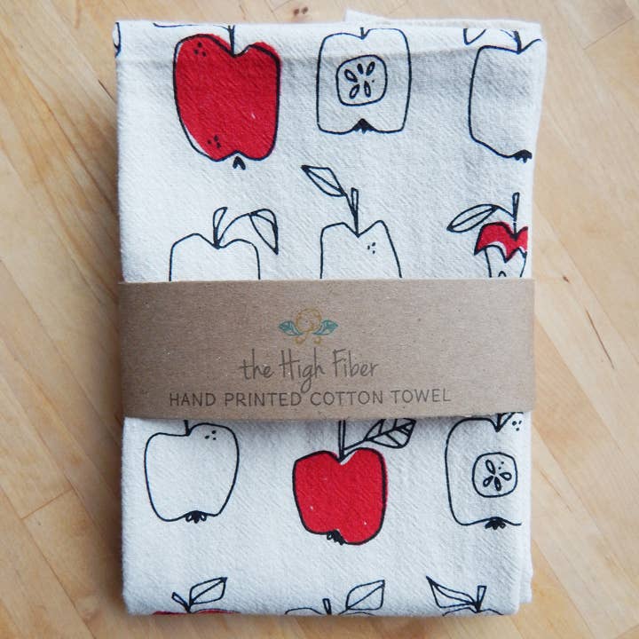 The High Fiber - Wholesale Tea Towel - Apple Towel, Handprinted Cotton Kitchen Towel