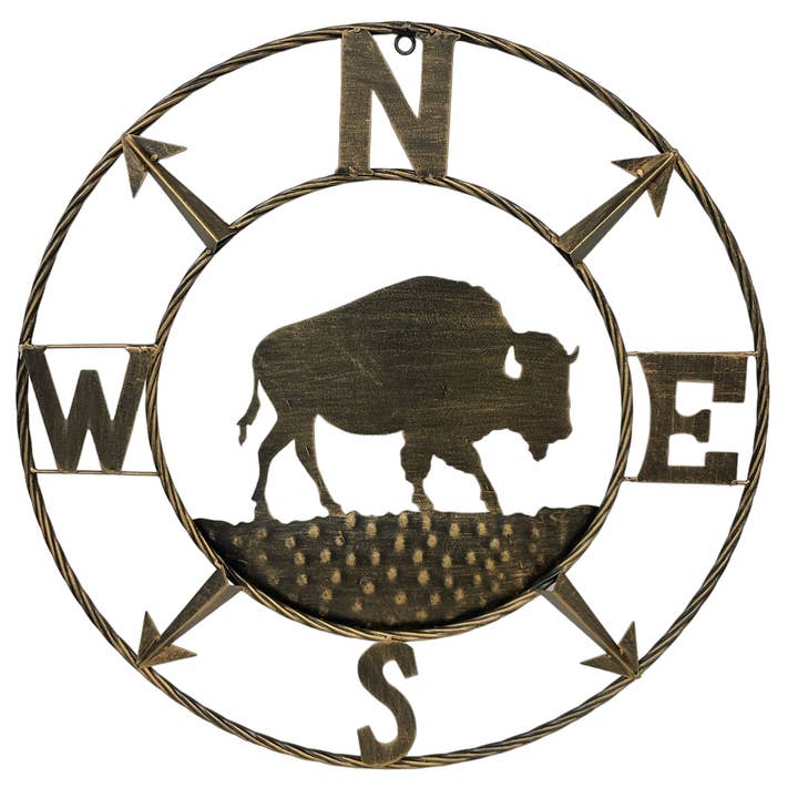 Southwestern Bison Compass Metal Circle Outdoor Wall Décor for wholesale by De Leon Collections