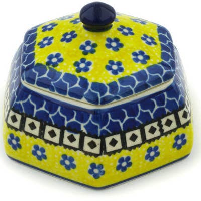 Jar with Lid 4" Sunburst Daisies Theme for wholesale by Polmedia Polish Pottery