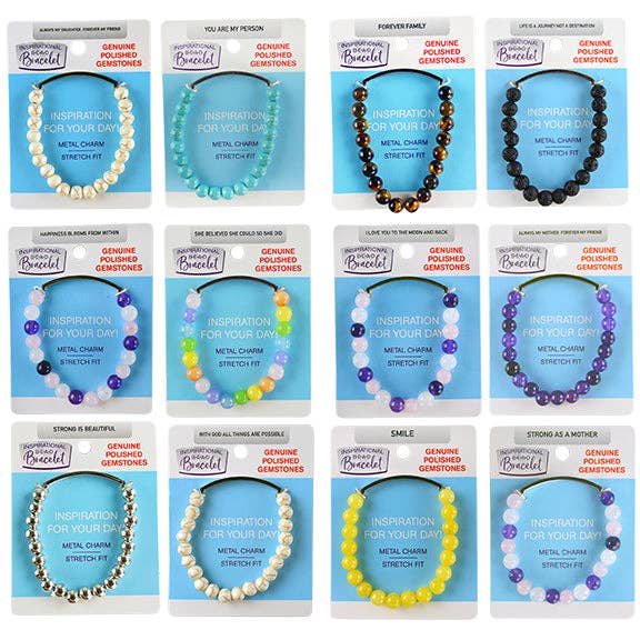 Novelty Closeout - Wholesale Beaded Bracelet - Inspirational Bead Bracelet Carded Assortment- 12/Pack