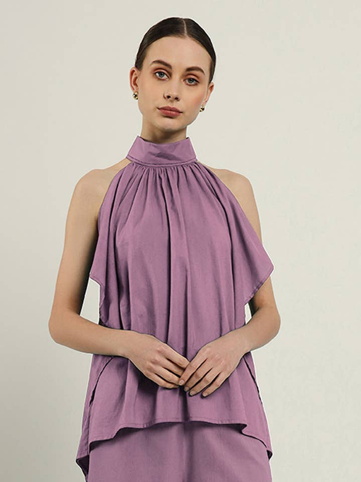 Top a collo all'americana viola con motivo a vortice "Seize The Day" (senza parte inferiore) per la vendita all'ingrosso da parte di Thevasa