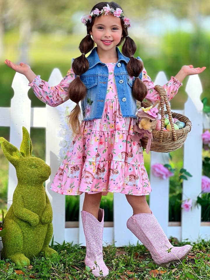 Coral My Sweet Spring Denim Vest And Floral Bunny Dress Set for wholesale on Faire3