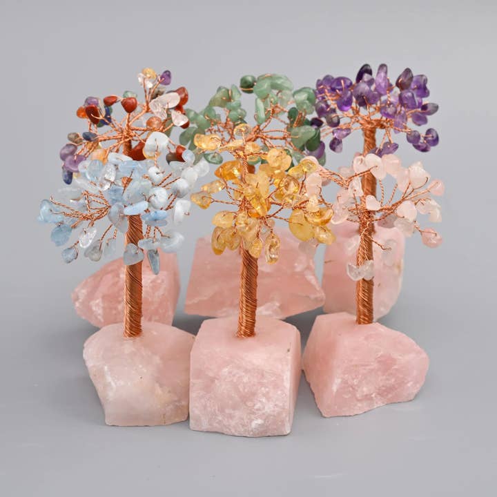 4 Inch Rose Quartz Base Gemstone Tree Copper Wire Sculpture Tree of Life for wholesale by Mycrazycrystal