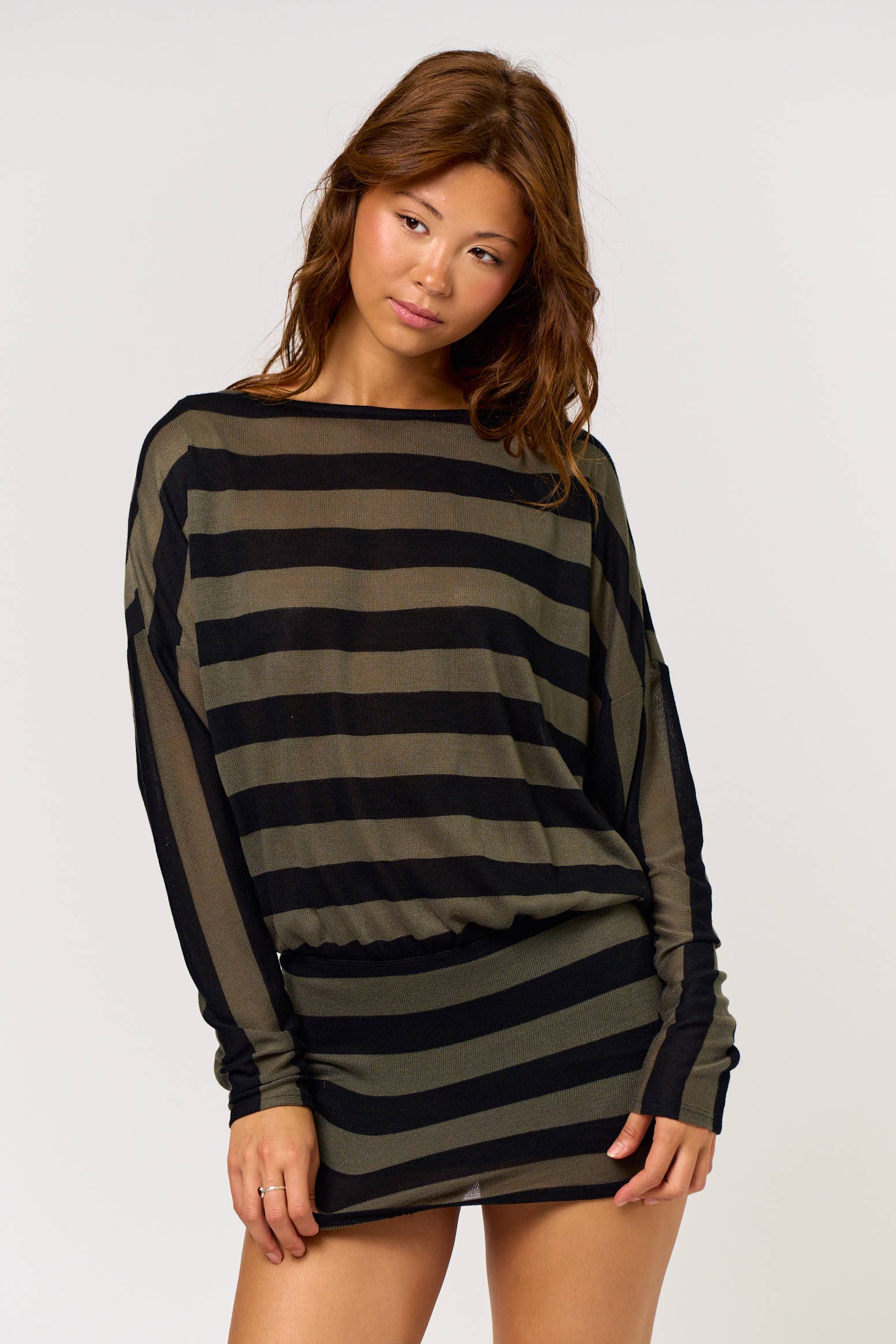 OLIVE BLACK Striped Long Sleeve Backless Boatneck Mini Dress for wholesale on Faire0