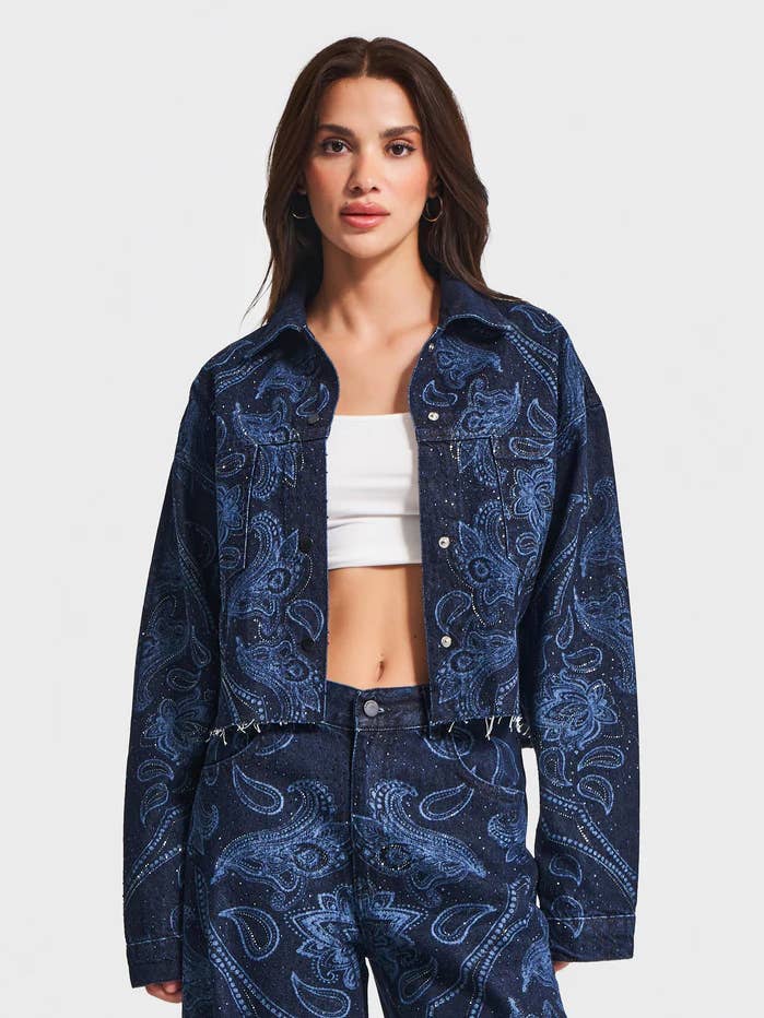 Dark Blue Paisley Rhinestone Embellished Crop Jean Jacket  for wholesale by DesignofBoho