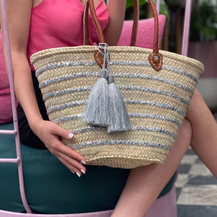 martitec - Vente Sac de plage - Sac à panier à paillettes | Sac à panier marocain tissé à la main argenté 2