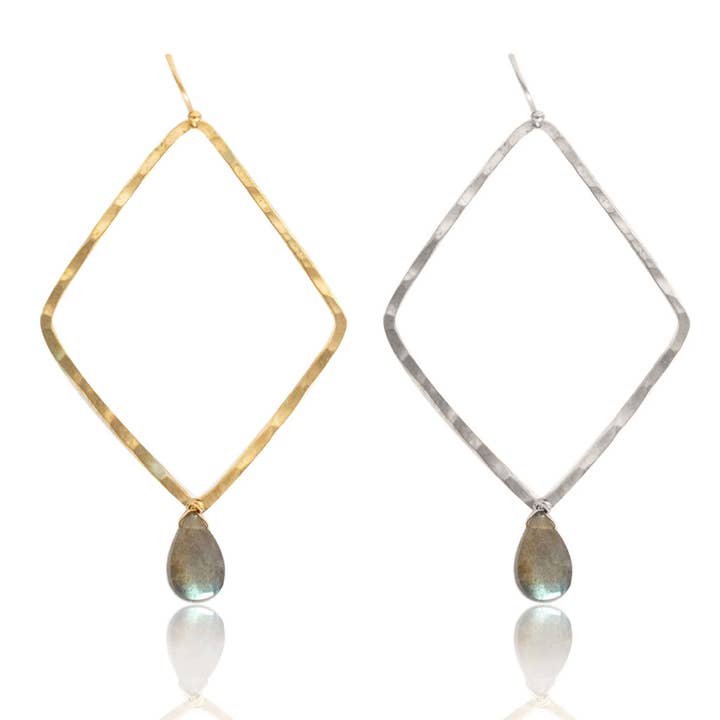 Geometric Hoop Labradorite Earrings for wholesale by Mary Garrett Jewelry
