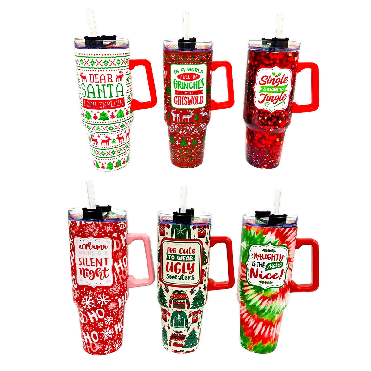 Novelty Brands - Wholesale Insulated Mug/Tumbler - Holiday Insulated 40 oz Cup with Handle Christmas Assortment1