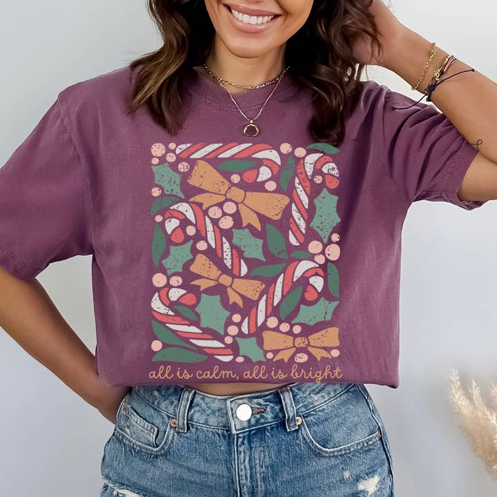 Scripted Pearl - Wholesale Screen Printed T-Shirt - Women's - All Is Calm All Is Bright Comfort Colors Christmas T Shirt6