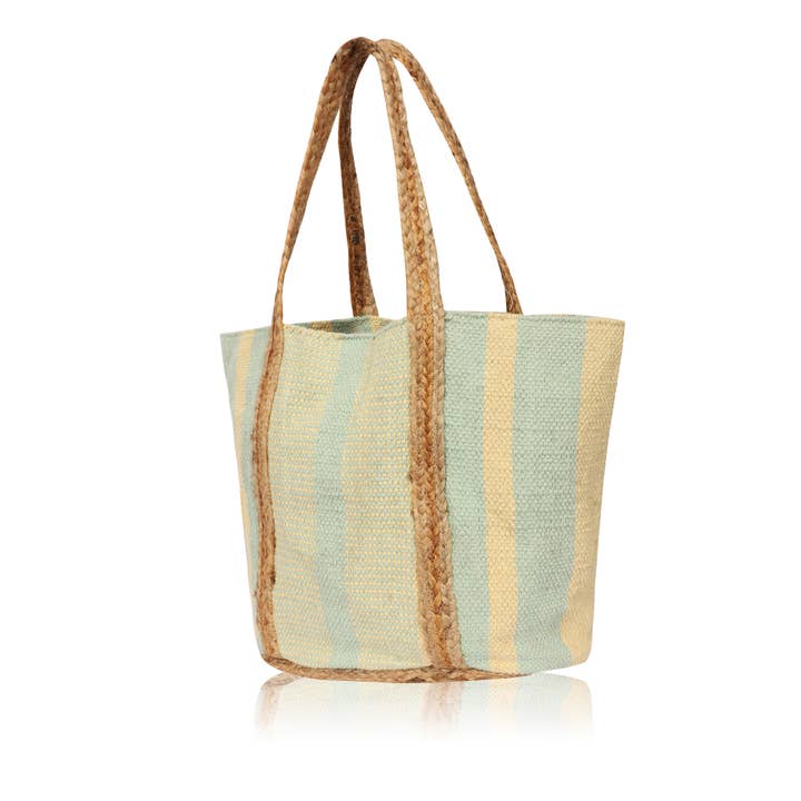 Sac fourre-tout en toile pure et jute Seafoam Sand Stripes pour femme pour la vente par Chloe & Lex