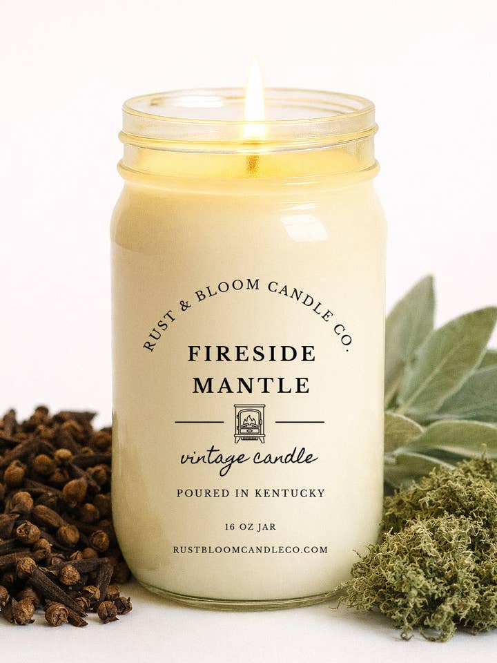 Fireside Mantle 16 Oz Soy Candle for wholesale by Rust & Bloom Candle Co