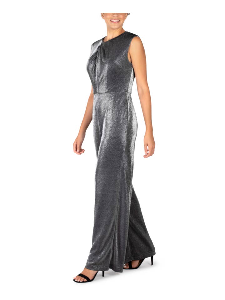GUNMETAL SHORT SLEEVE PLEATED TOP METALLIC JUMPSUIT for wholesale on Faire1