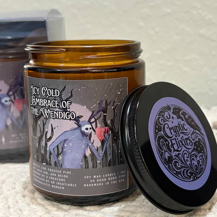 Icy Cold Embrace of the Wendigo Cryptid– Scented Soy Candle for wholesale by Cryptic Paper Co.