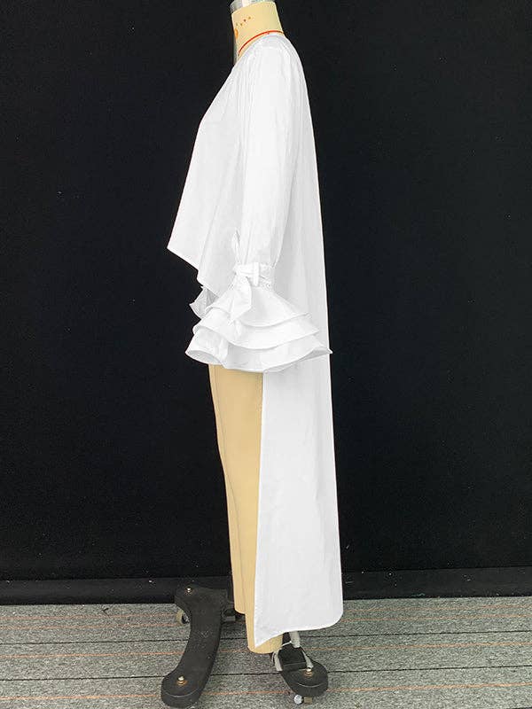 WHITE High-Low Loose Solid Color Split-Joint Tiered Round-Neck Blouses&Shirts Tops for wholesale on Faire11