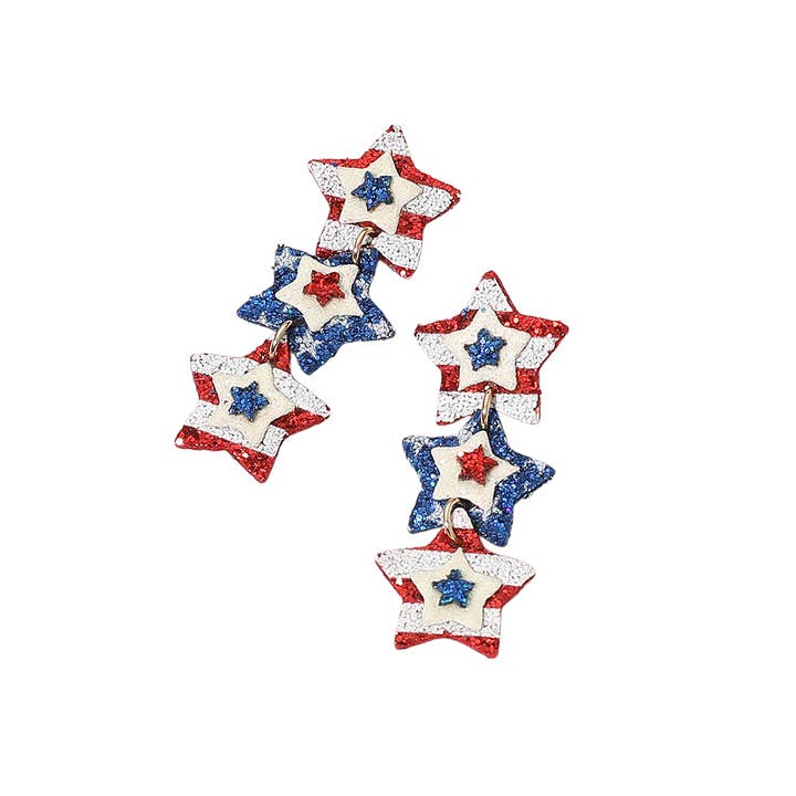 Sensibling Corp. - Wholesale Dangle Earrings - Glittered American USA Flag Triple Star Link Earrings