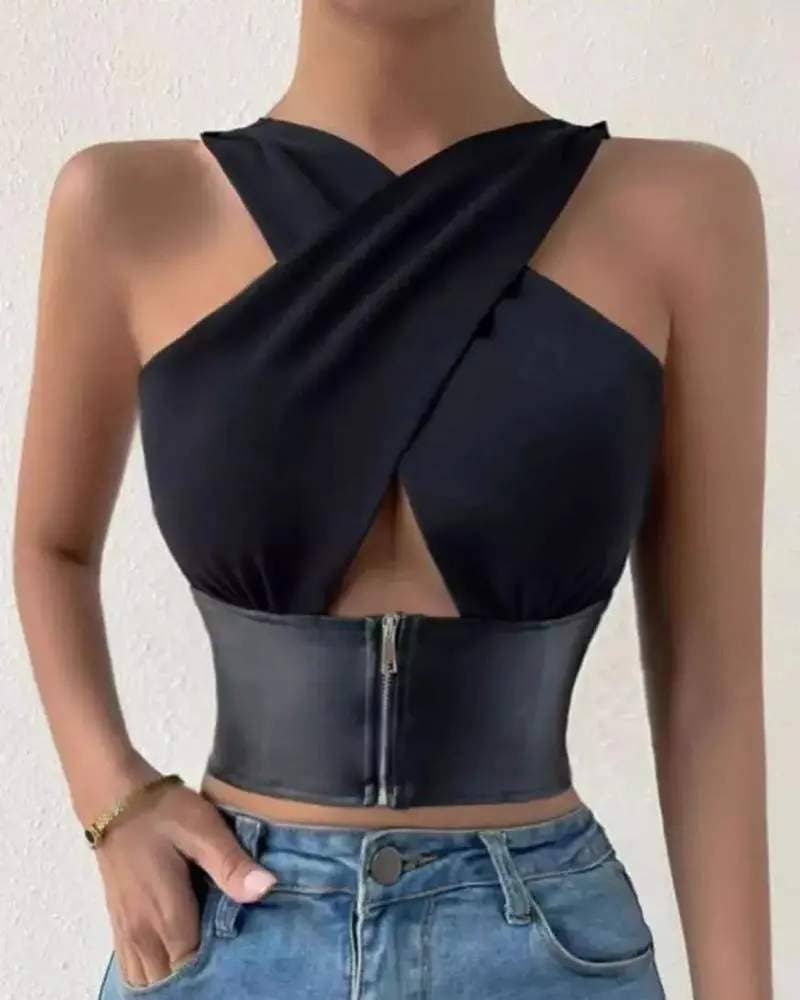 PRETO tampo cruzado com recorte em couro pu para venda a revendedores na Faire1