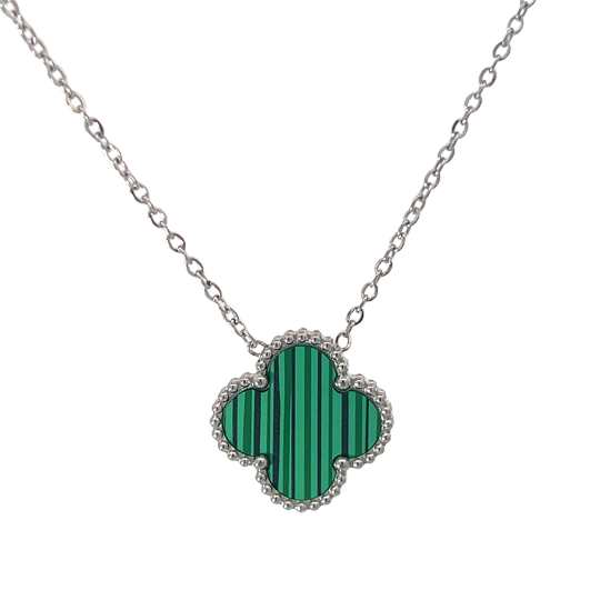 Byzantium Collection Ltd – wholesale Pendant/charm necklace – Green Four Leaf Clover Pendant Necklace, Silver Coloured0