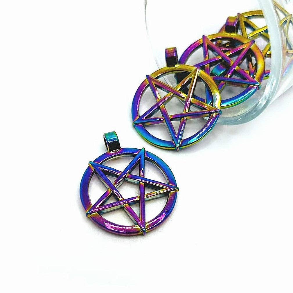Guerrilla Charm - Wholesale Individual Charm/Pendant - Large Titanium Oil Slick Colored Pentagram Pendants, 33x27mm0